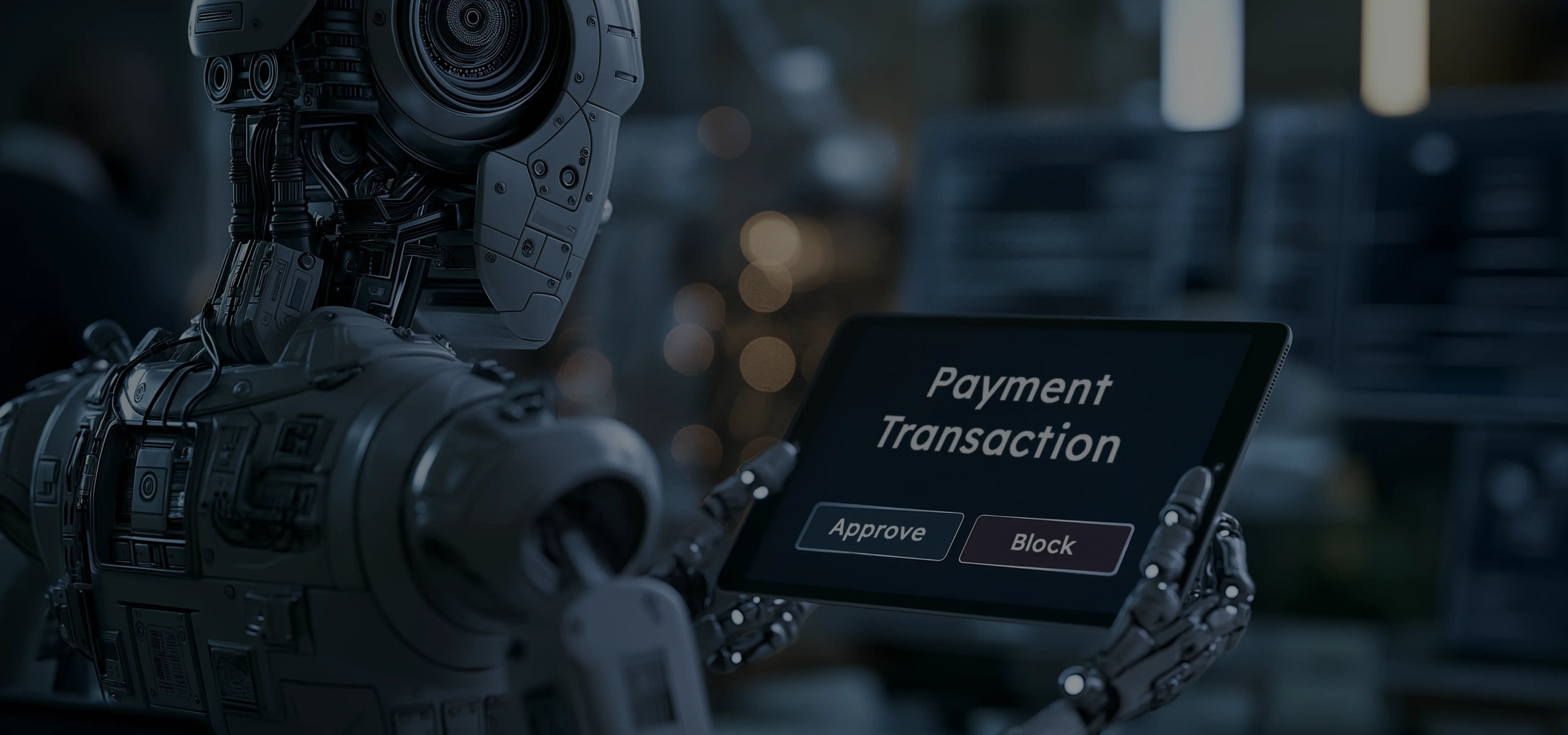 How AI fraud detection flags suspicious transactions in real time Robot reviewing a transaction on a tablet, illustrating how AI fraud detection systems approve or block payments