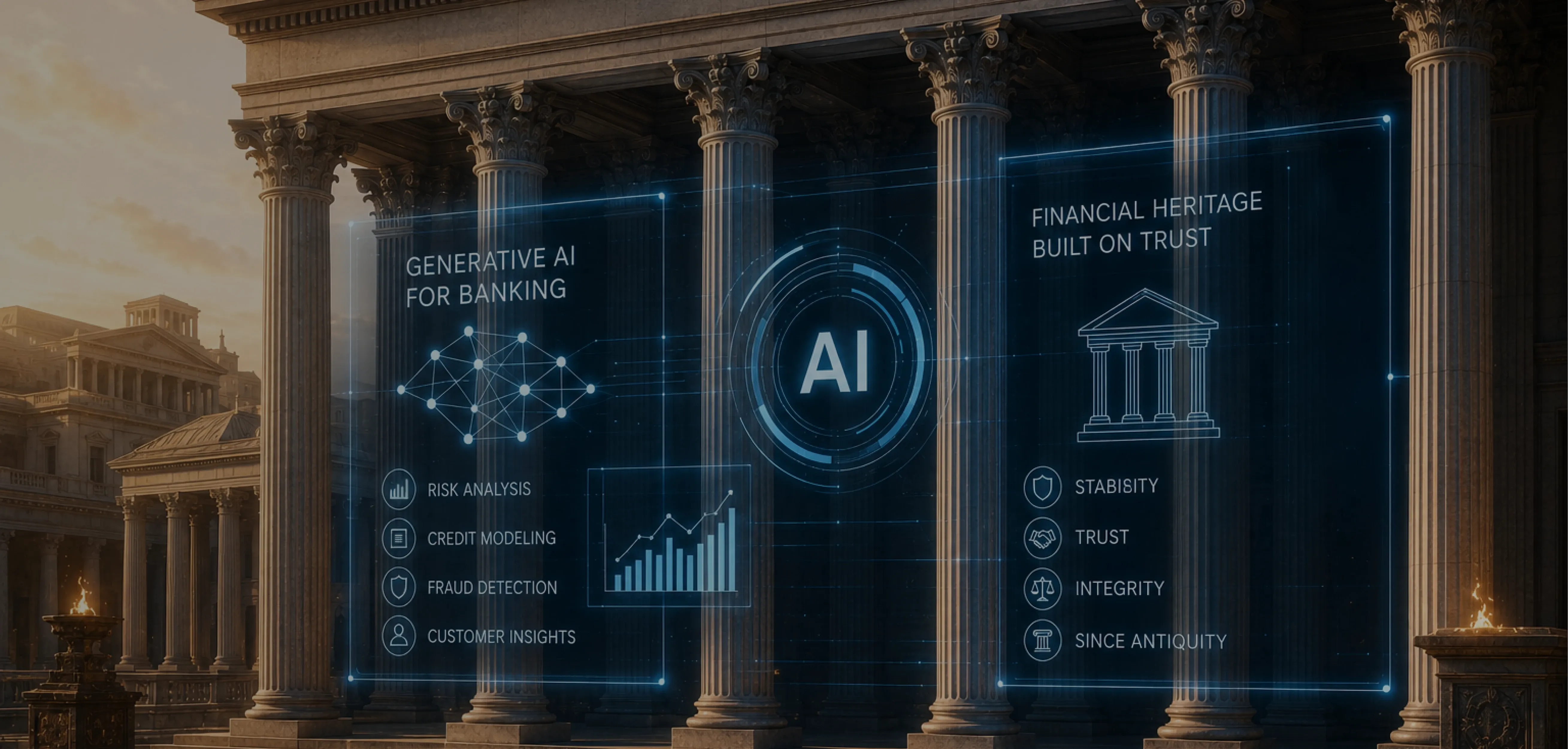 AI Treasury Management Inspired by Ancient Rome AI-powered treasury management dashboard visualized on the Roman State Treasury (Aerarium Populi Romani), illustrating artificial intelligence in public finance