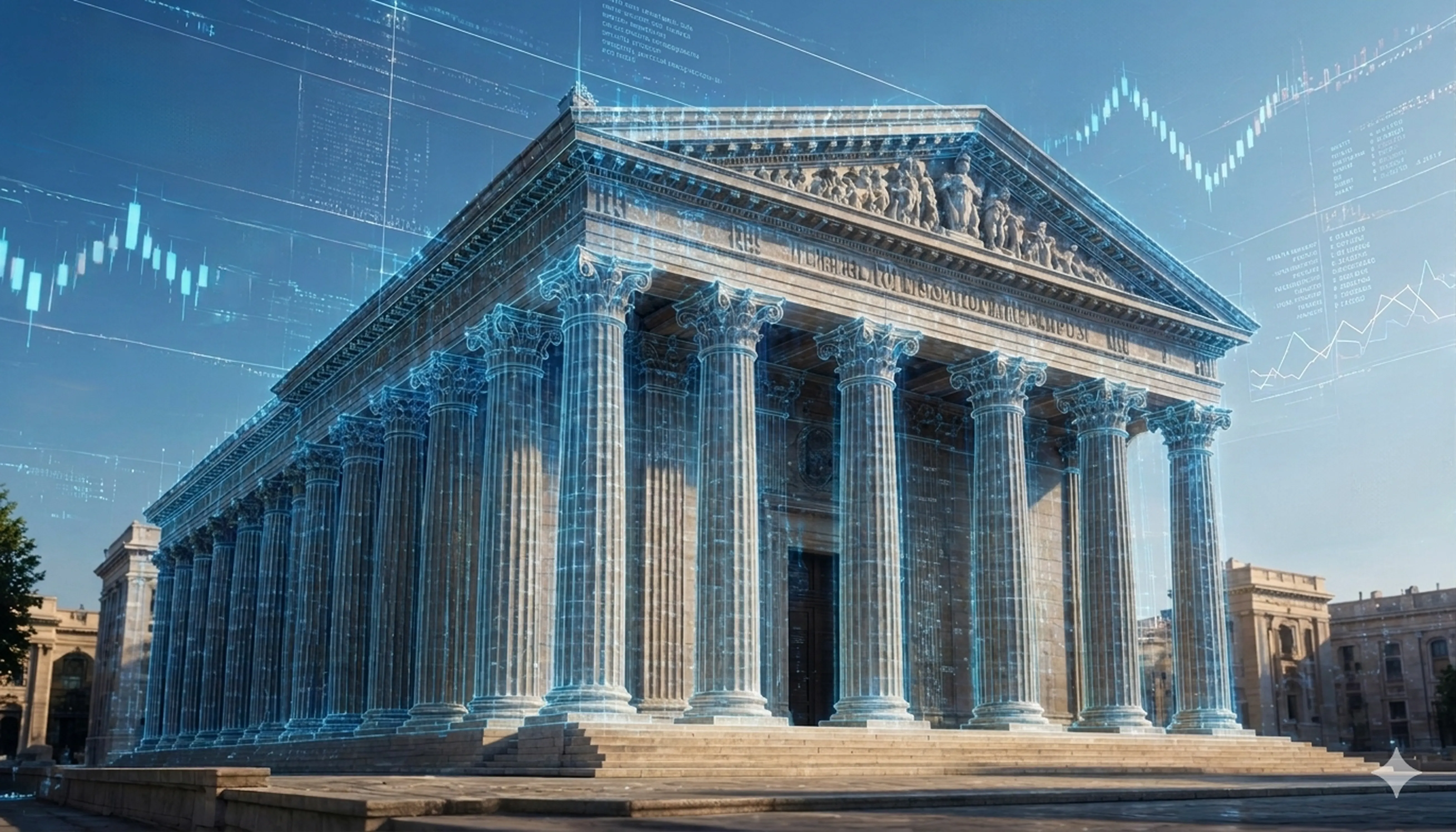 Greek temple with digital layers symbolizing AI-driven fintech systems Greek temple with digital layers symbolizing AI-driven fintech systems