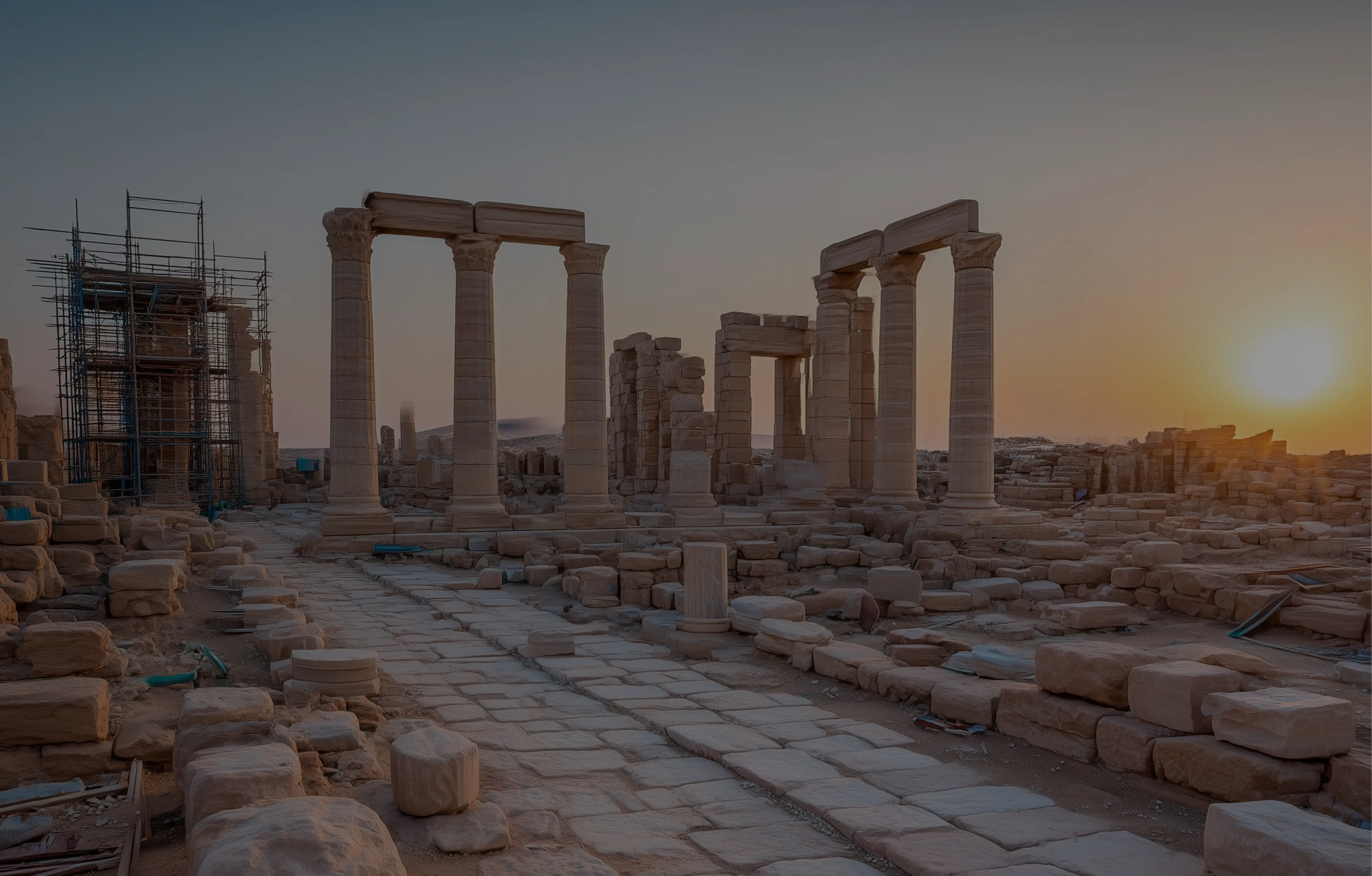 A partially built ancient temple at sunset, with standing and fallen columns, scaffolding, and abandoned tools – symbolizing tech startups that stall without the right architecture and team in place.
