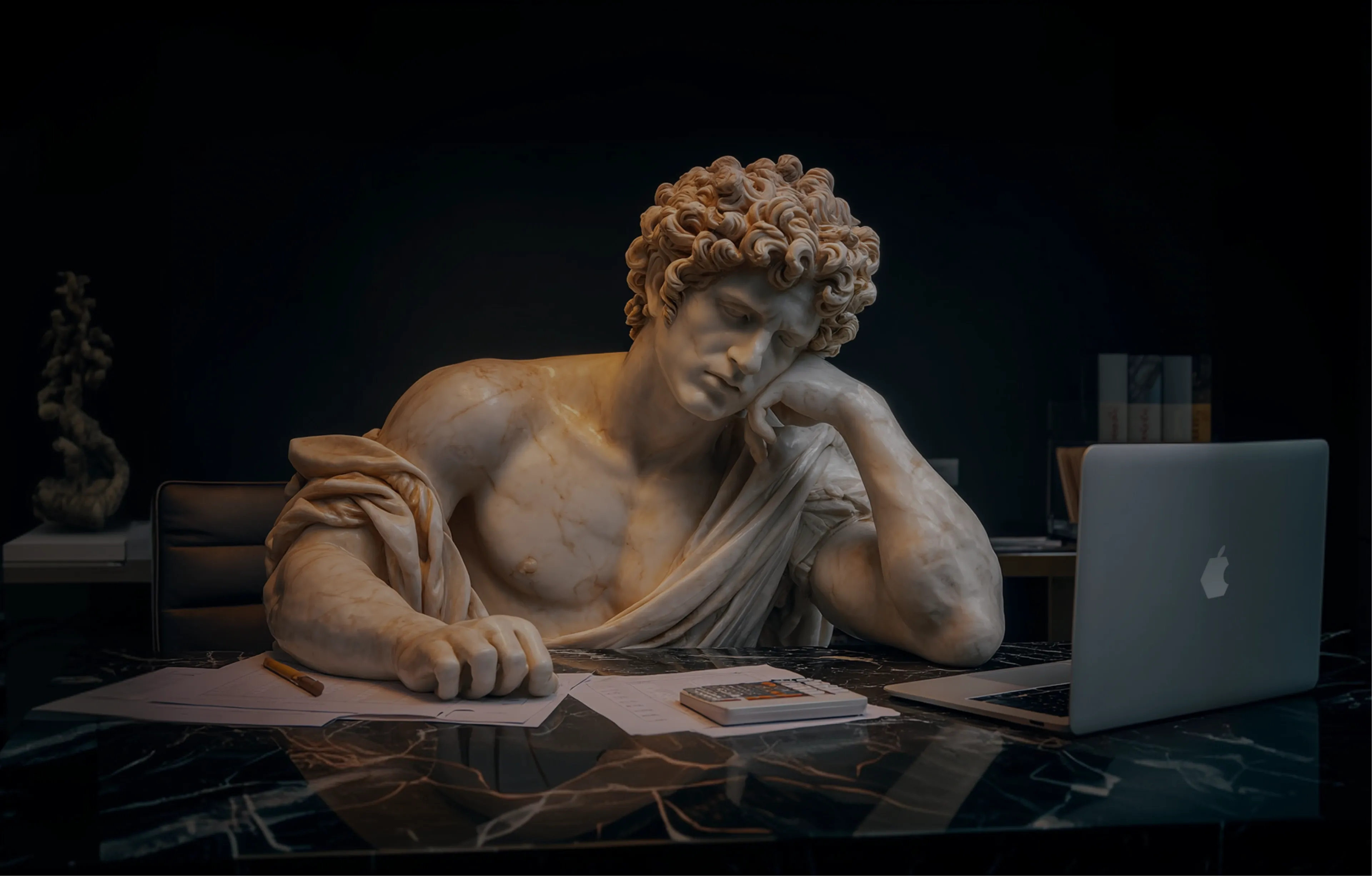 A male Greek statue calculates custom software development cost