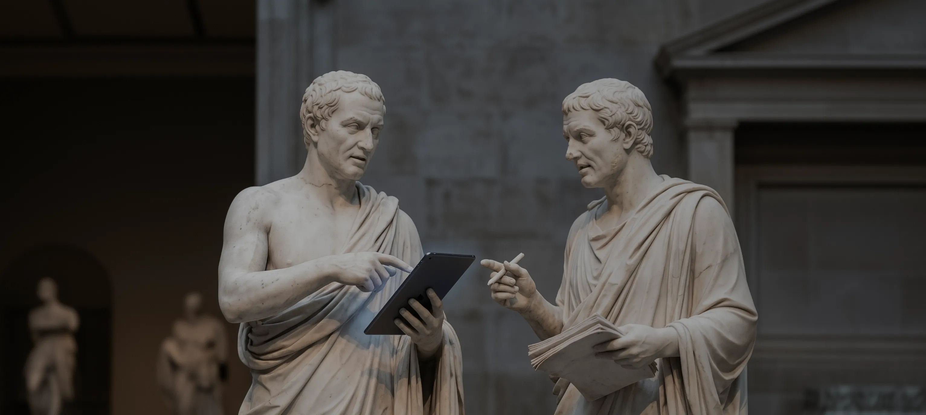 Two Greek statues are discussing staff augmentation consulting services
