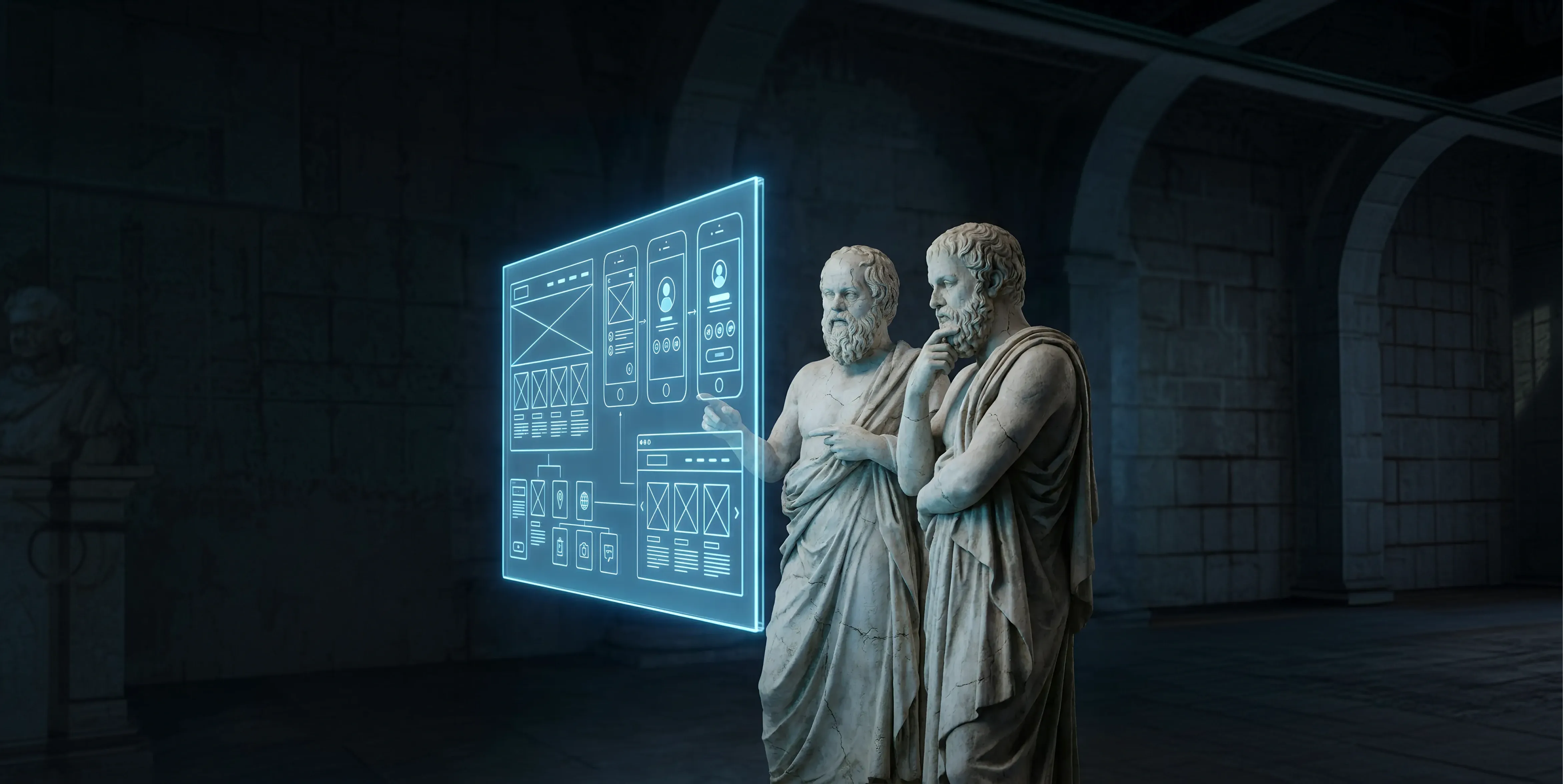 Two ancient marble Roman statues standing before a glowing monitor displaying wireframe UI/UX dashboard prototypes, as if reviewing and discussing the design – illustrating UI/UX design services for B2B companies. Two ancient marble Roman statues standing before a glowing monitor displaying wireframe UI/UX dashboard prototypes, as if reviewing and discussing the design – illustrating UI/UX design services for B2B companies.