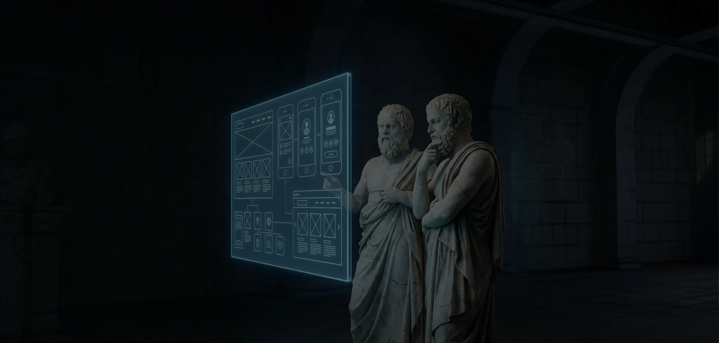 Two ancient marble Roman statues standing before a glowing monitor displaying wireframe UI/UX dashboard prototypes, as if reviewing and discussing the design – illustrating UI/UX design services for B2B companies.