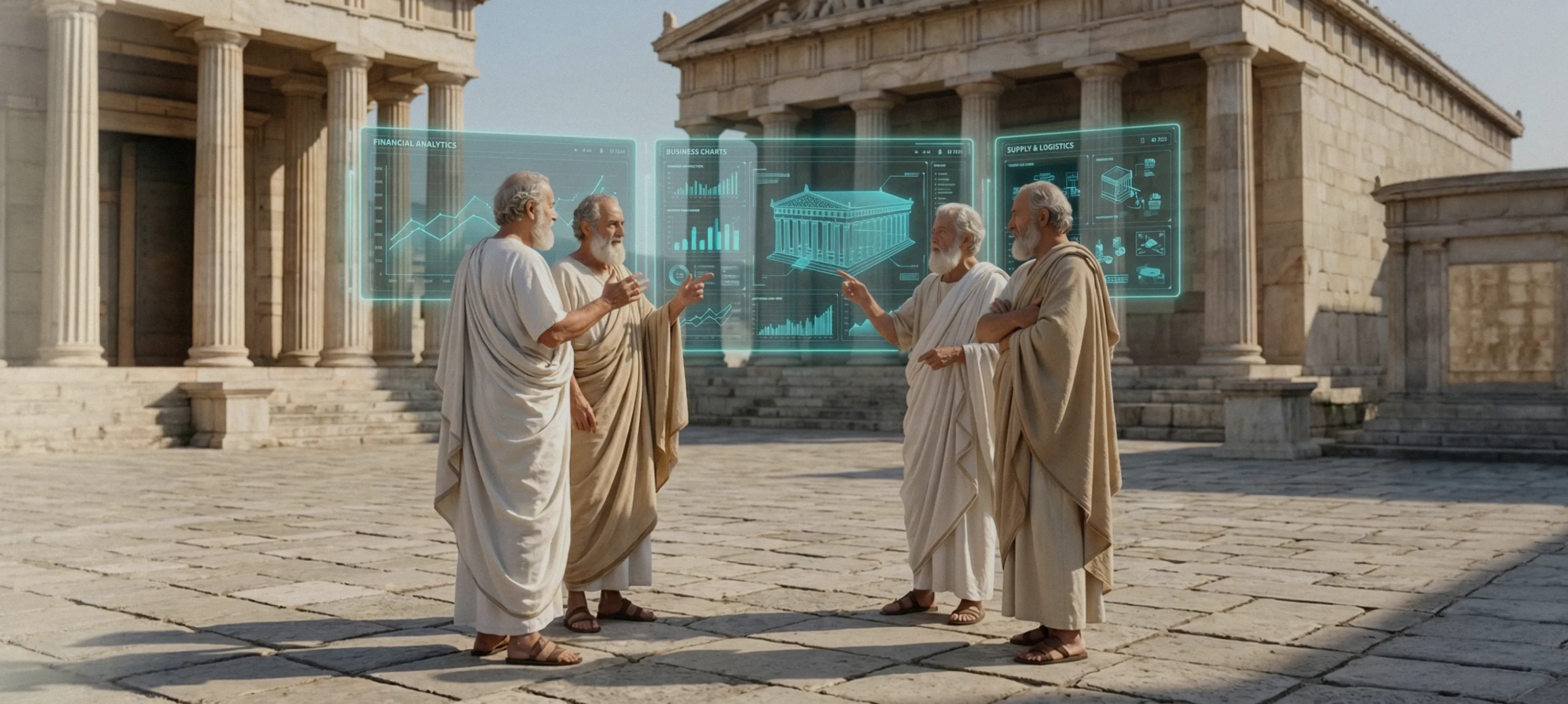 Ancient Roman forum blending classical architecture with futuristic digital interfaces, illustrating business digital transformation Ancient Roman forum blending classical architecture with futuristic digital interfaces, illustrating business digital transformation