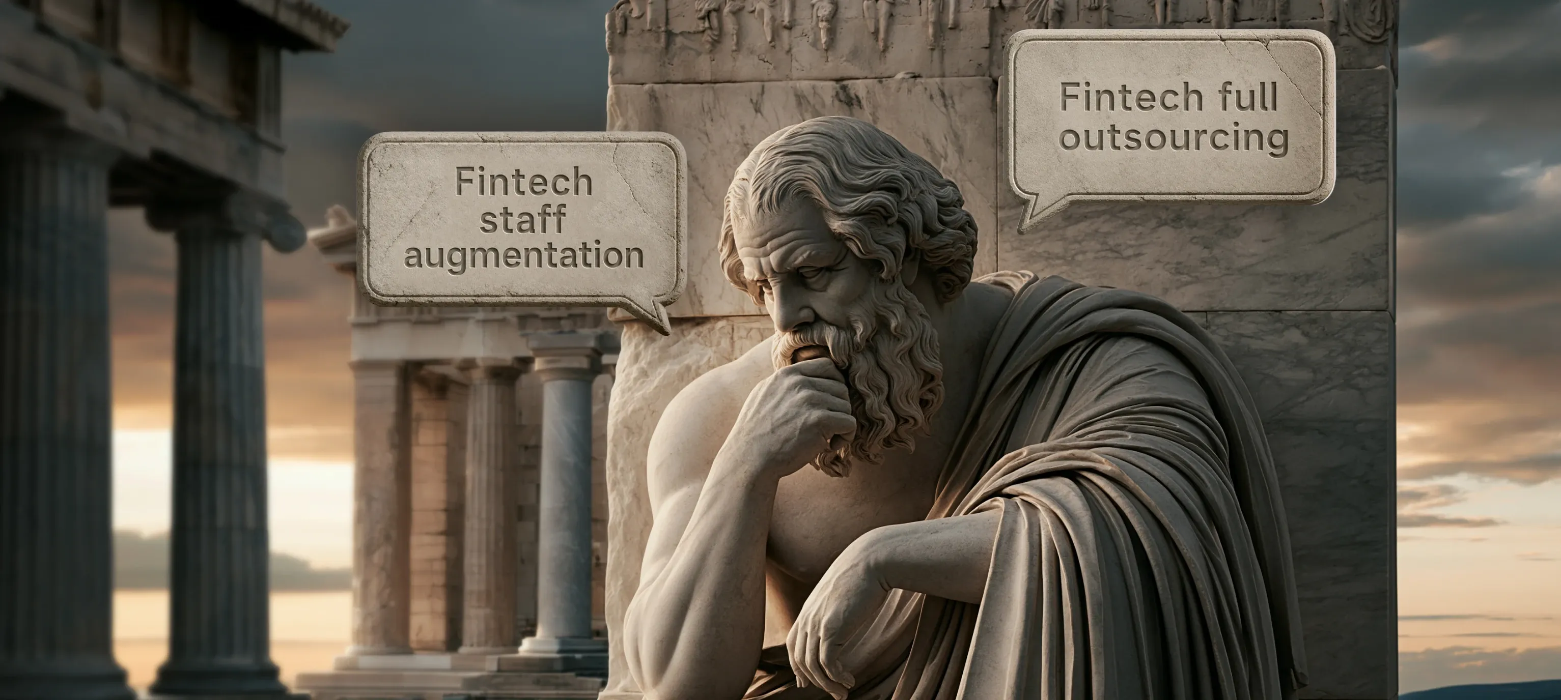 Ancient philosopher thinking between two fintech development outsourcing options: staff augmentation and full outsourcing. Ancient philosopher thinking between two fintech development outsourcing options: staff augmentation and full outsourcing.