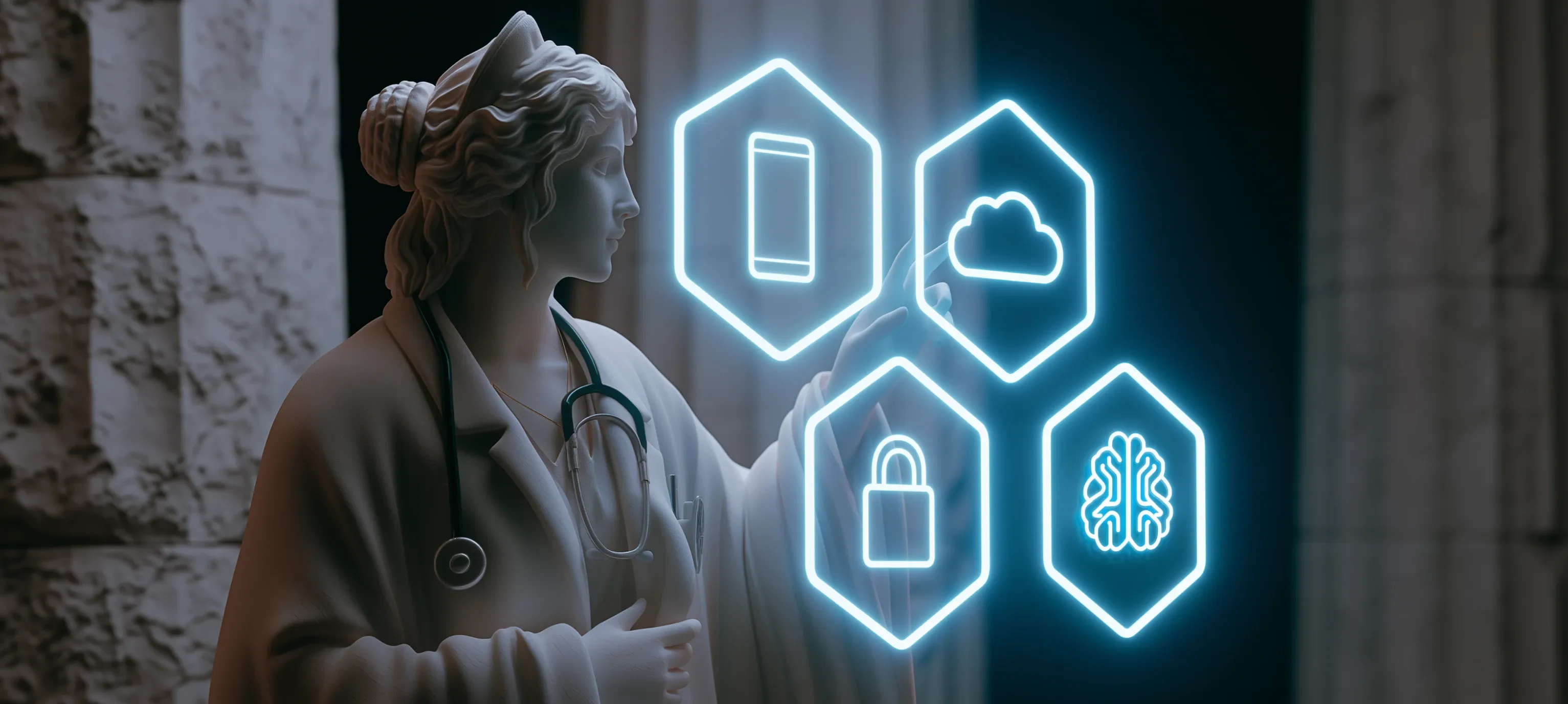 A classical-style figure in a white medical coat in front of a holographic dashboard showing healthcare 2026 trends. A classical-style figure in a white medical coat in front of a holographic dashboard showing healthcare 2026 trends.