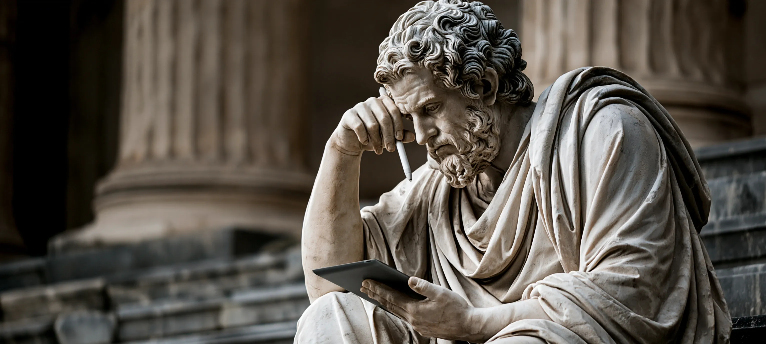 Ancient Greek statue sitting and reflecting, representing the complexity of choosing a design partner Ancient Greek statue sitting and reflecting, representing the complexity of choosing a design partner