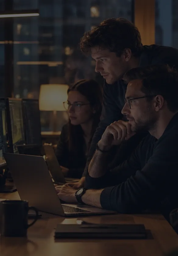 Software engineers discussing project architecture while reviewing code on a monitor
