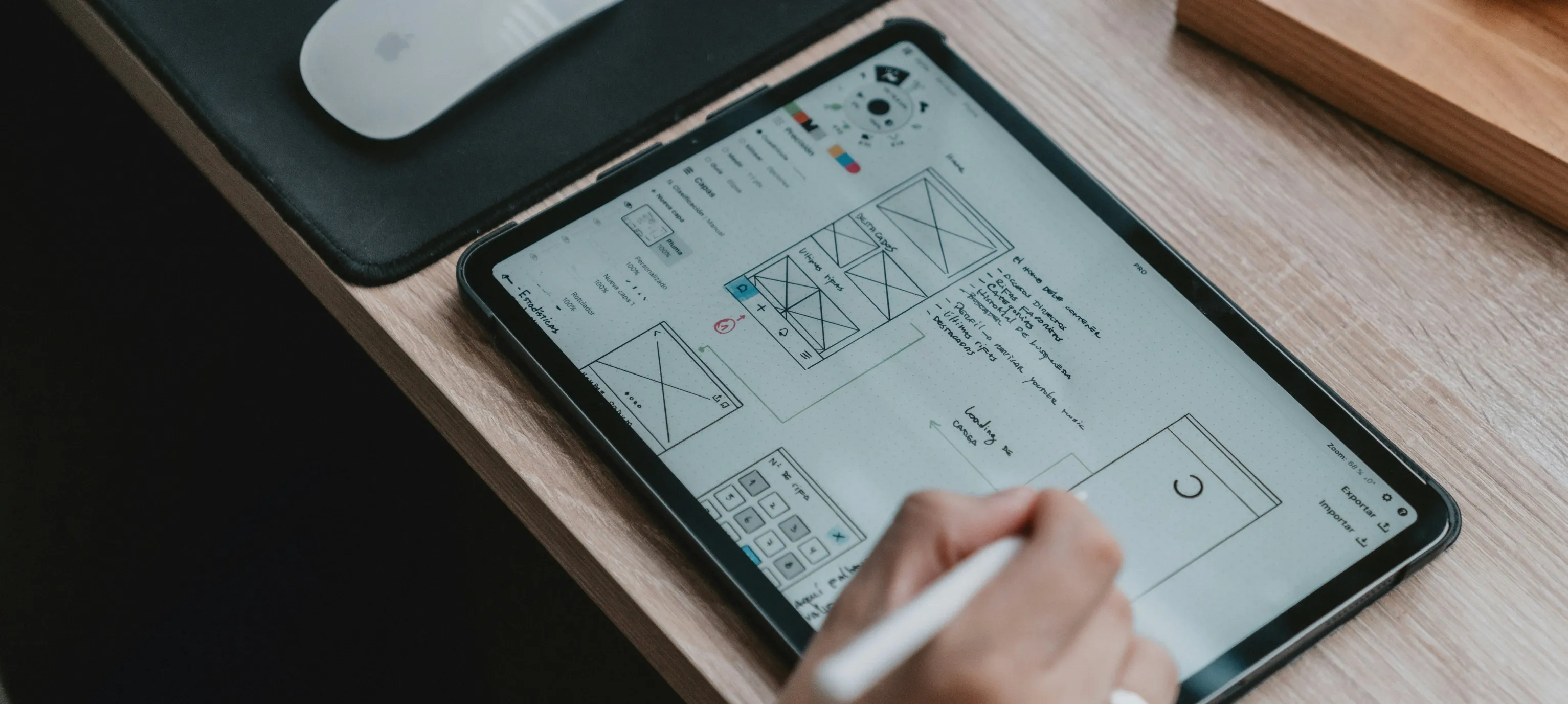 Designer drawing and planning a design project on a digital tablet, creating layouts and visual concepts for a client project. Designer drawing and planning a design project on a digital tablet, creating layouts and visual concepts for a client project.