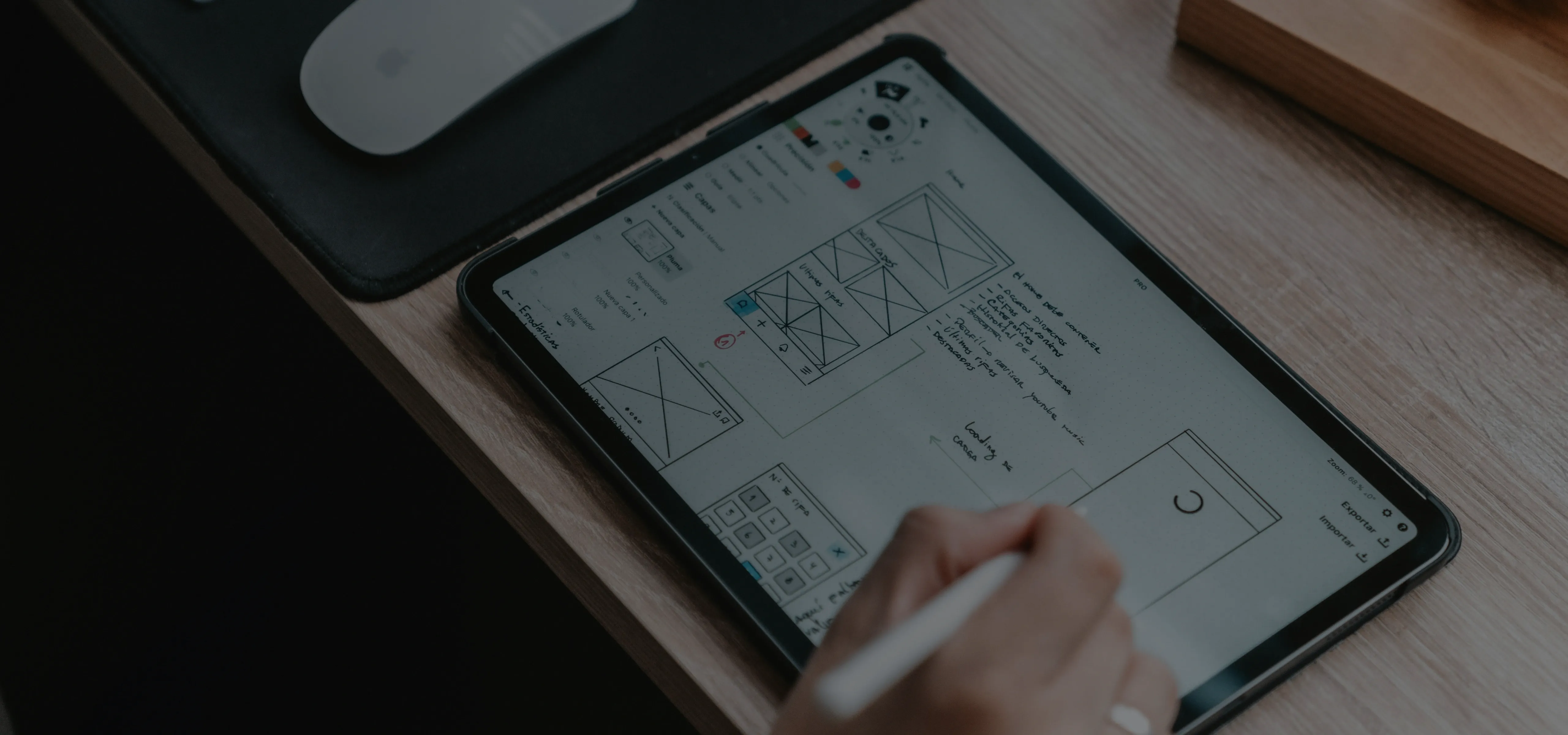 Designer drawing and planning a design project on a digital tablet, creating layouts and visual concepts for a client project.